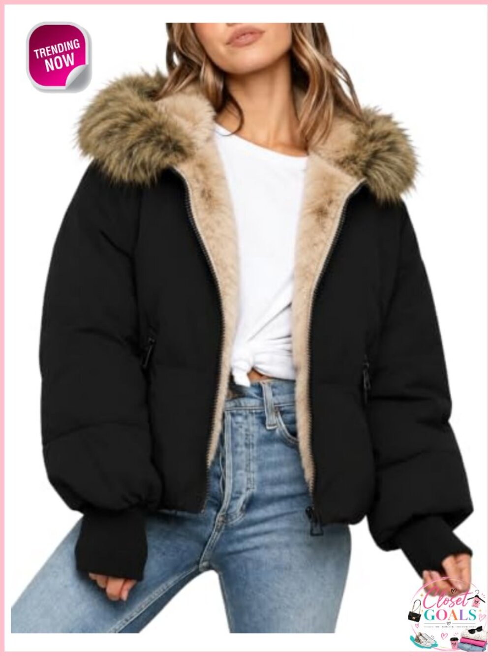 Womens Cropped Puffer Jacket Quilted Hooded Faux Fur Sherpa Winter Coat